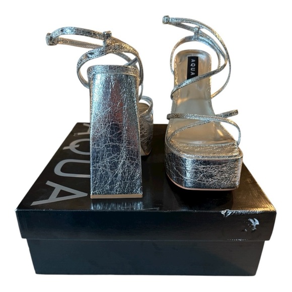 Aqua Chanc Metallic Silver High Heel Platform Sandals Square Toe Strappy NEW 9 - Picture 6 of 11